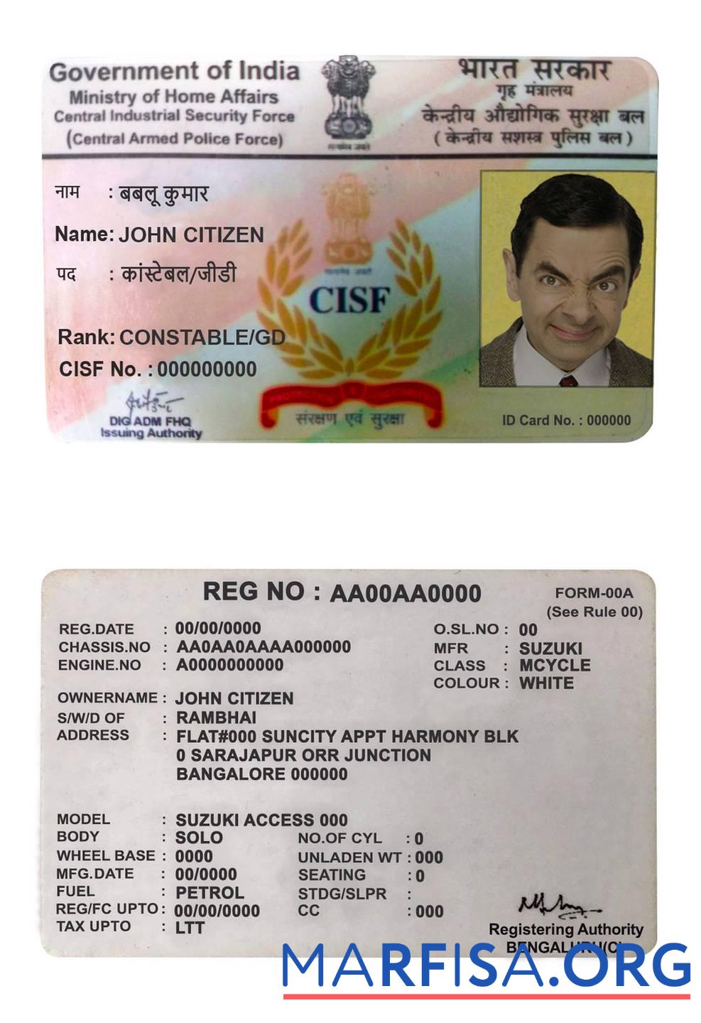 Blank India CISF driver license real example